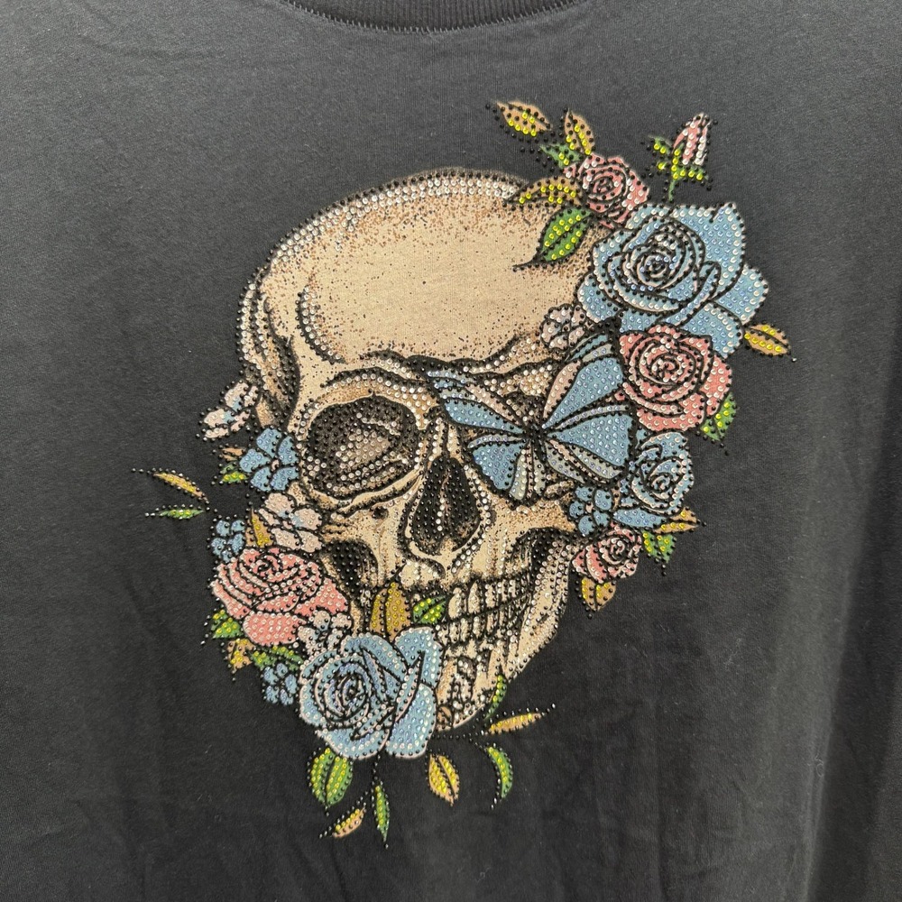 Torrid Rhinestone Floral Skull Day Of The Dead Heritage Jersey Crew Tee 22 Black